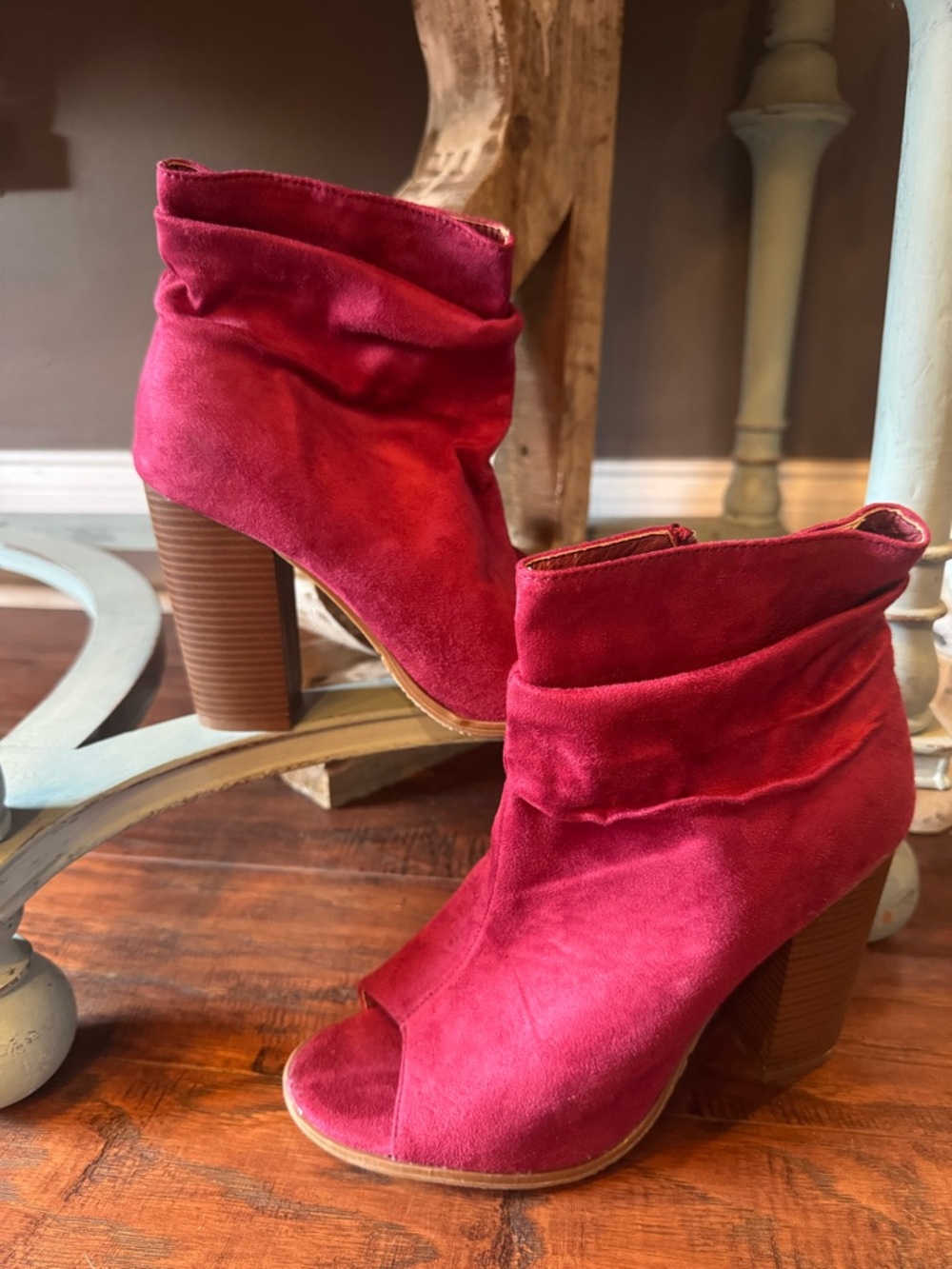 Bella Marie Red peep Toe Suede Boots with Block Heel